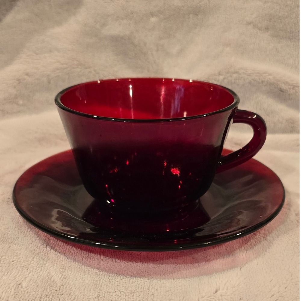 Anchor Hocking Ruby Red Tea Cup and Saucer Set, Elegant‎ Drinkware